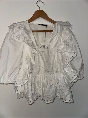 ZARA White Eyelet Ruffle Peplum Blouse